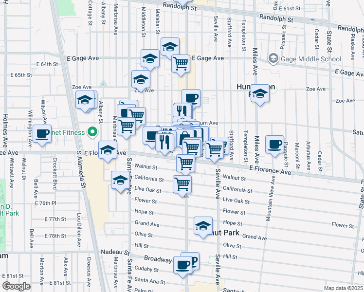 map of restaurants, bars, coffee shops, grocery stores, and more near 7111 Pacific Boulevard in Huntington Park