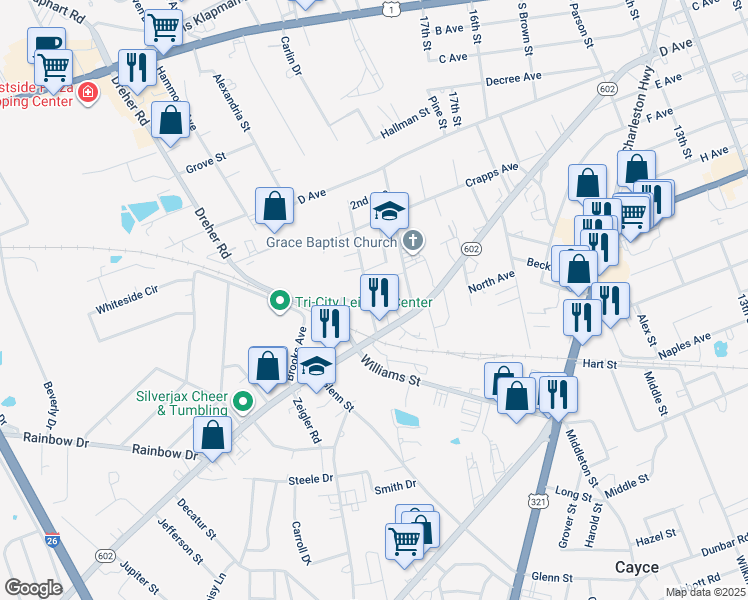 map of restaurants, bars, coffee shops, grocery stores, and more near 521 Taylor Street in West Columbia