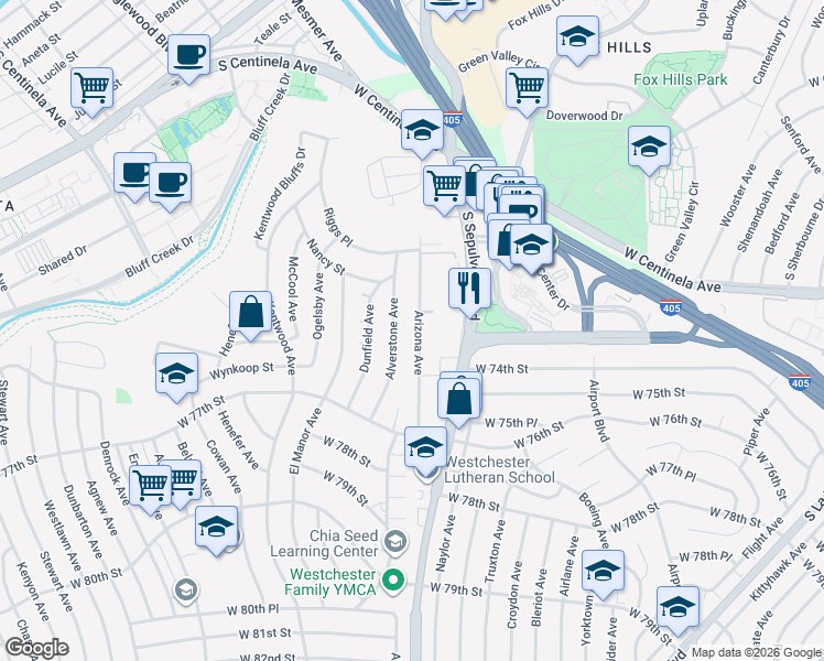 map of restaurants, bars, coffee shops, grocery stores, and more near 7121 Arizona Avenue in Los Angeles