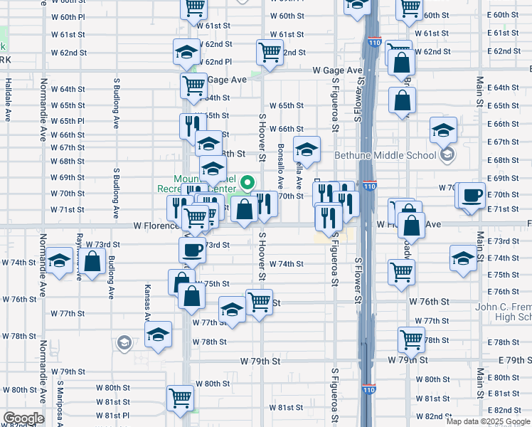 map of restaurants, bars, coffee shops, grocery stores, and more near 7108 South Hoover Street in Los Angeles