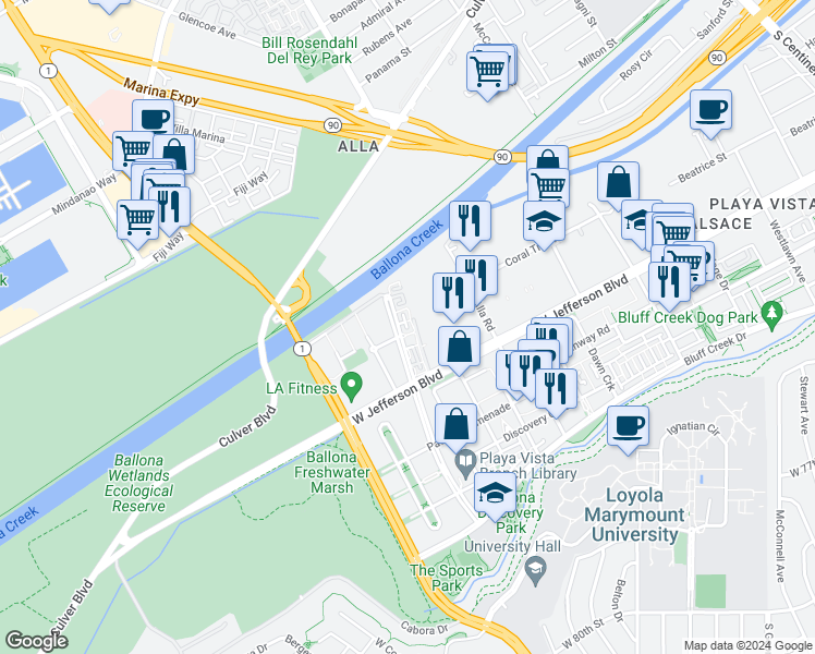 map of restaurants, bars, coffee shops, grocery stores, and more near 5350 Playa Vista Drive in Los Angeles