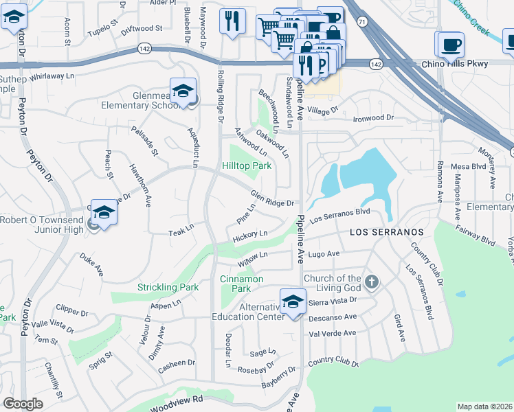 map of restaurants, bars, coffee shops, grocery stores, and more near 15320 Pine Lane in Chino Hills