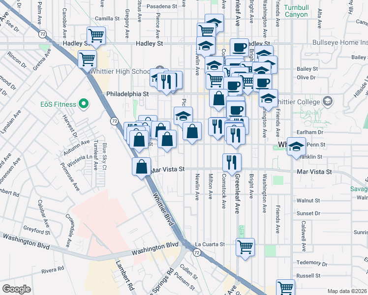 map of restaurants, bars, coffee shops, grocery stores, and more near 12512 Penn Street in Whittier