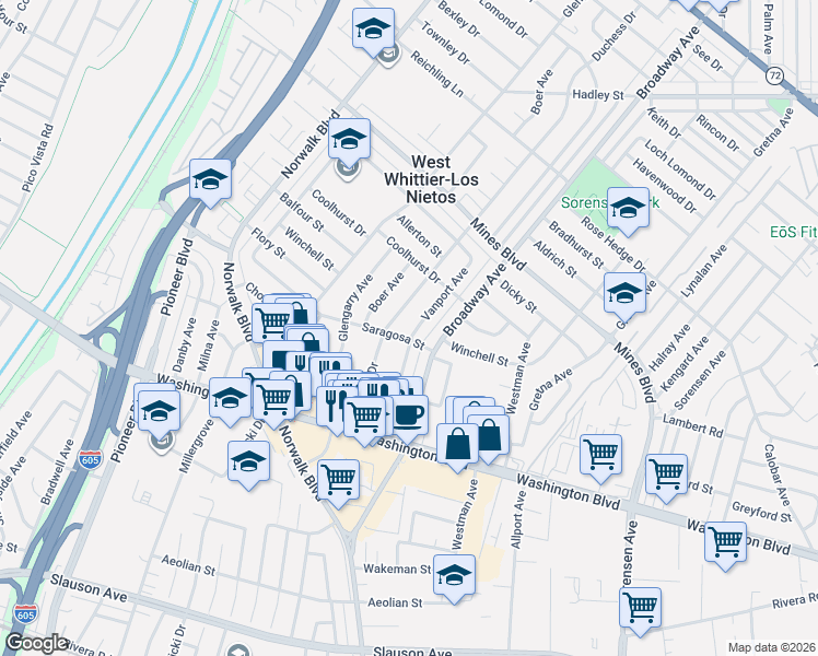 map of restaurants, bars, coffee shops, grocery stores, and more near 11226 Saragosa Street in Whittier