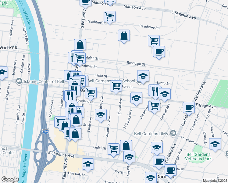 map of restaurants, bars, coffee shops, grocery stores, and more near 5945 East Gage Avenue in Bell Gardens