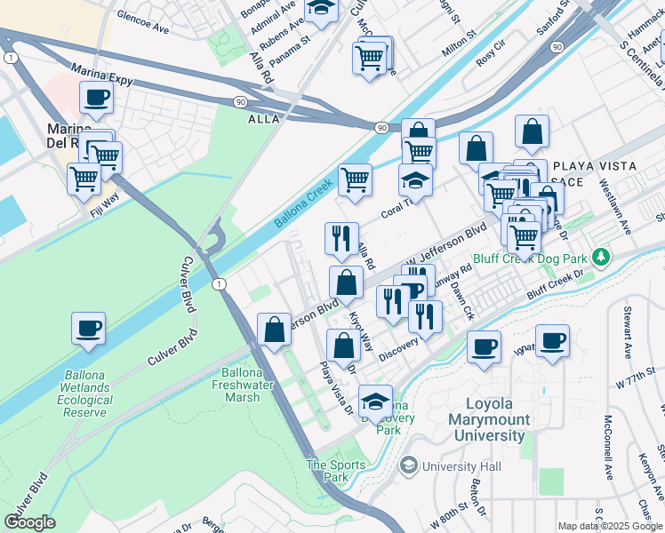 map of restaurants, bars, coffee shops, grocery stores, and more near 13031 West Jefferson Boulevard in Los Angeles