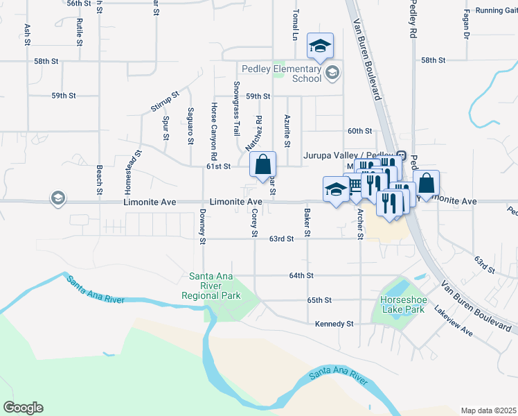 map of restaurants, bars, coffee shops, grocery stores, and more near 9240 Limonite Avenue in Riverside