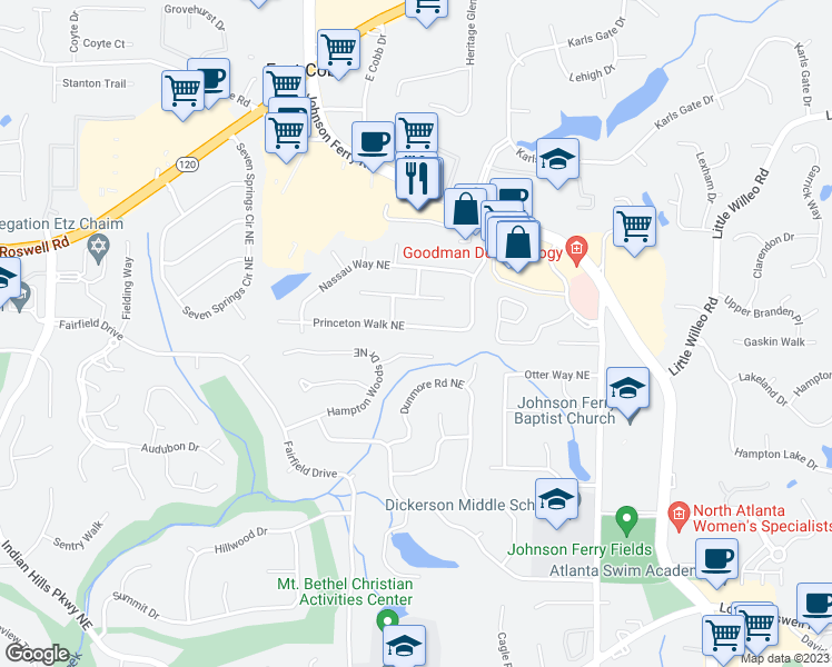 map of restaurants, bars, coffee shops, grocery stores, and more near 1078 Princeton Walk Northeast in Marietta