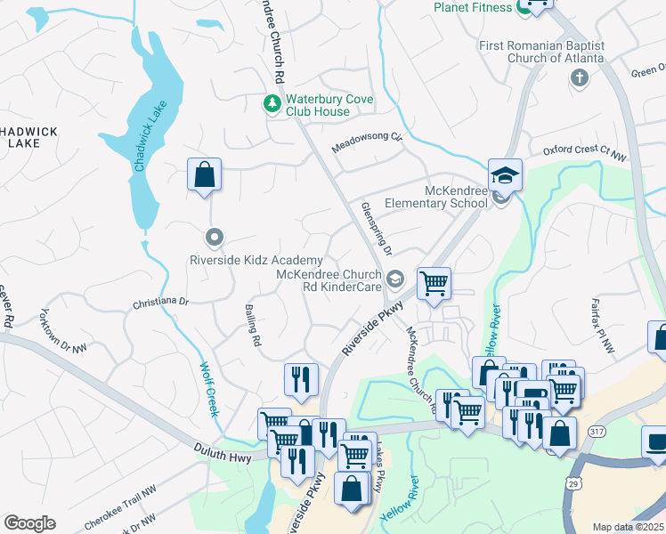 map of restaurants, bars, coffee shops, grocery stores, and more near 1000 Orchard Mill Lane in Lawrenceville