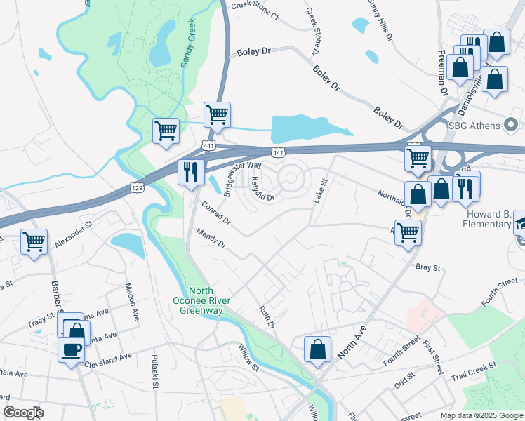 map of restaurants, bars, coffee shops, grocery stores, and more near 267 Fern Ridge Court in Athens