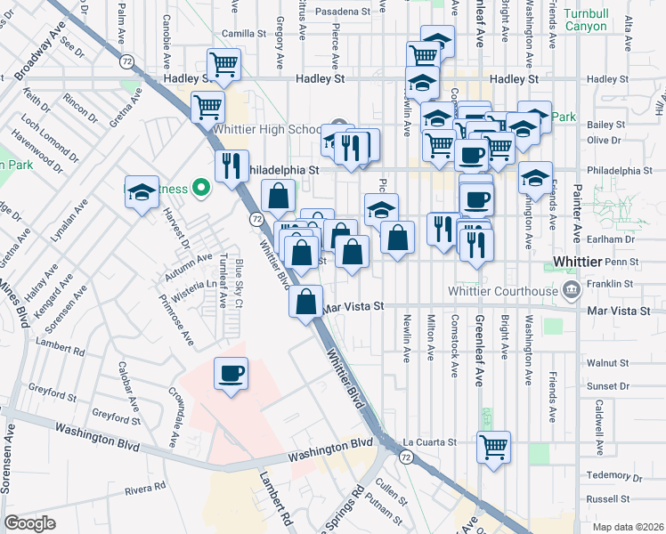 map of restaurants, bars, coffee shops, grocery stores, and more near 7314 Pierce Avenue in Whittier