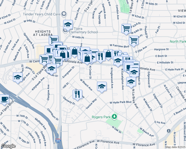 map of restaurants, bars, coffee shops, grocery stores, and more near 918 North Cedar Street in Inglewood