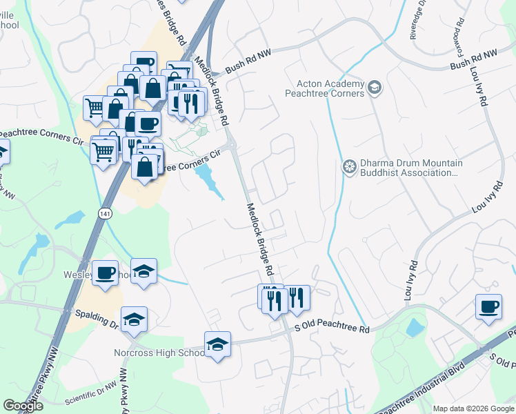 map of restaurants, bars, coffee shops, grocery stores, and more near 4230 Ancroft Circle in Norcross