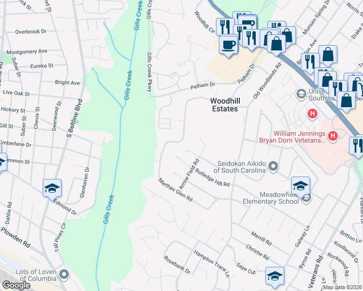 map of restaurants, bars, coffee shops, grocery stores, and more near 5911 Marthas Glen Road in Columbia