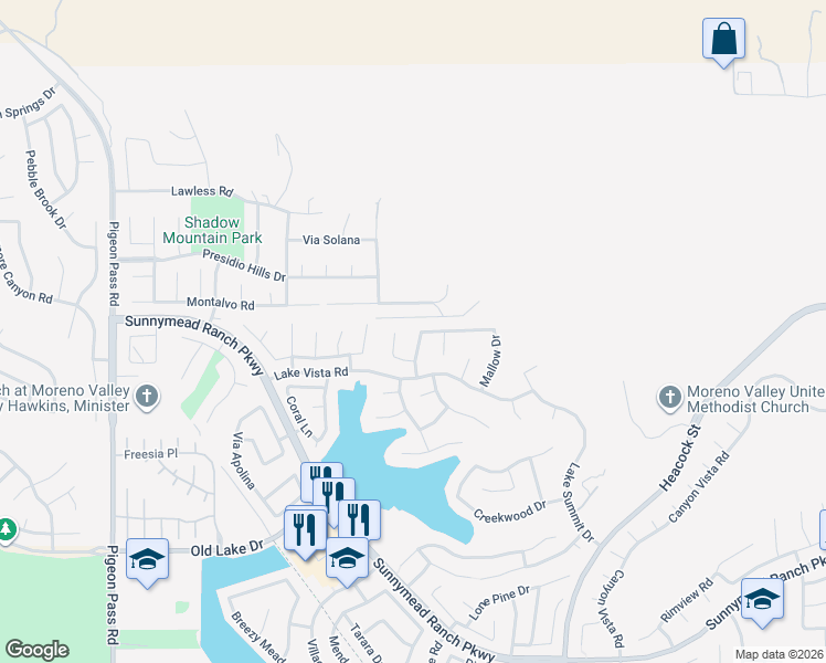 map of restaurants, bars, coffee shops, grocery stores, and more near 10026 Thornbird Court in Moreno Valley