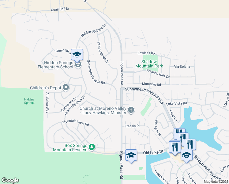 map of restaurants, bars, coffee shops, grocery stores, and more near 10035 Sycamore Canyon Road in Moreno Valley