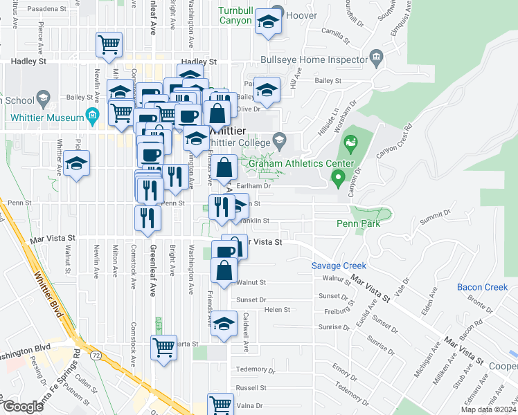 map of restaurants, bars, coffee shops, grocery stores, and more near 13602 Penn Street in Whittier