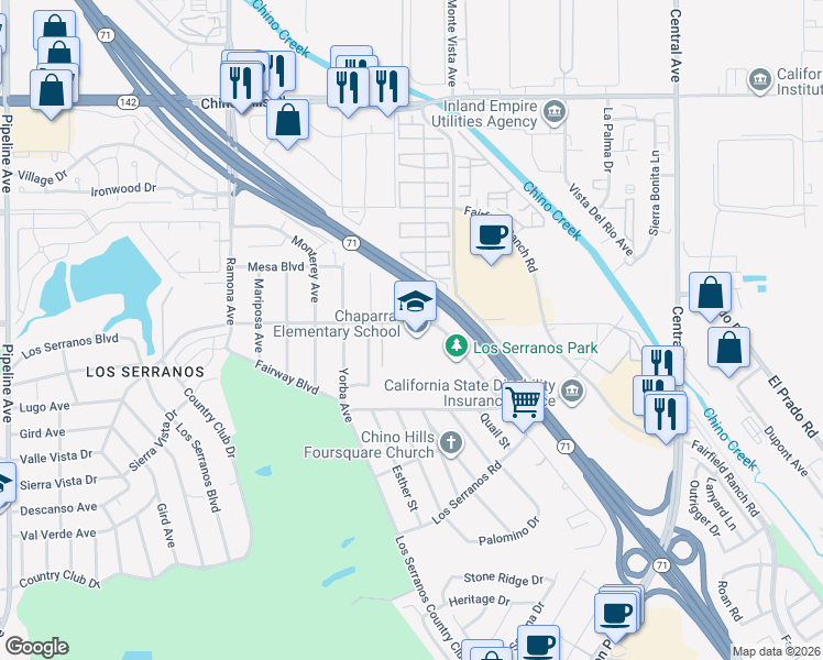 map of restaurants, bars, coffee shops, grocery stores, and more near 4849 Bird Farm Road in Chino Hills