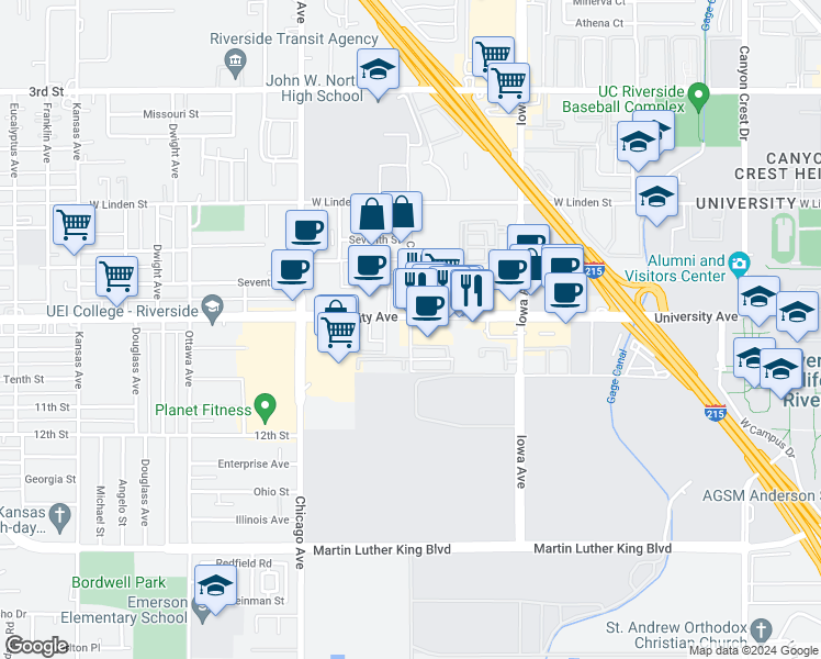 map of restaurants, bars, coffee shops, grocery stores, and more near Cranford Avenue in Riverside