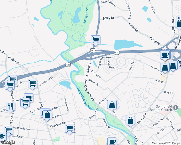 map of restaurants, bars, coffee shops, grocery stores, and more near 1110 Doctor Martin Luther King Junior Parkway in Athens