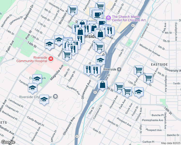 map of restaurants, bars, coffee shops, grocery stores, and more near 3435 14th Street in Riverside