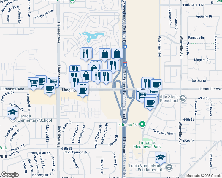 map of restaurants, bars, coffee shops, grocery stores, and more near 12257 Limonite Avenue in Eastvale