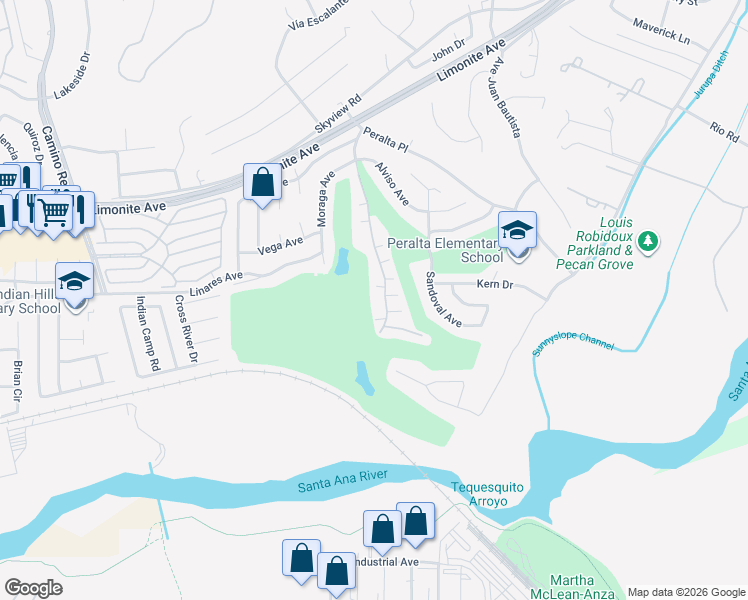 map of restaurants, bars, coffee shops, grocery stores, and more near 6231 Avenue Juan Diaz in Riverside