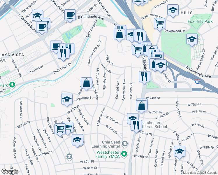 map of restaurants, bars, coffee shops, grocery stores, and more near 7403 El Manor Avenue in Los Angeles