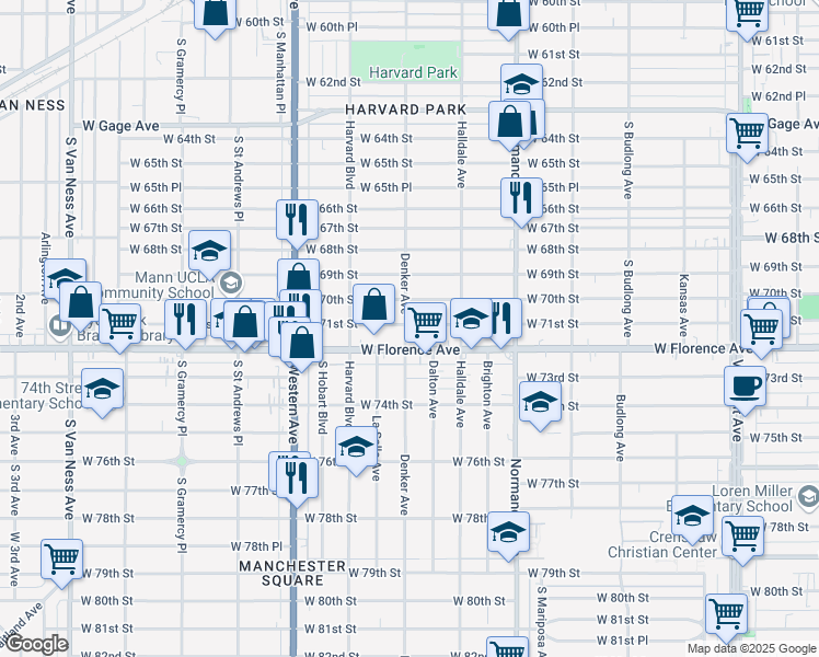 map of restaurants, bars, coffee shops, grocery stores, and more near 7116 Denker Avenue in Los Angeles