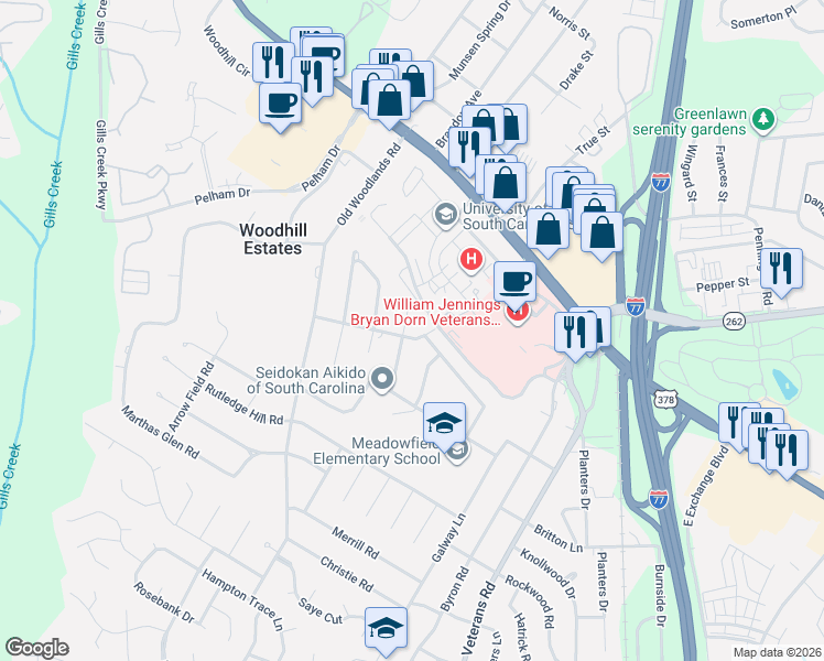 map of restaurants, bars, coffee shops, grocery stores, and more near 312 Chambly Drive in Columbia