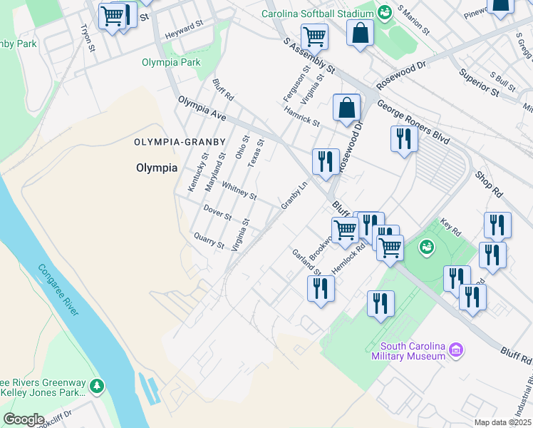 map of restaurants, bars, coffee shops, grocery stores, and more near 323 Nevada Street in Columbia