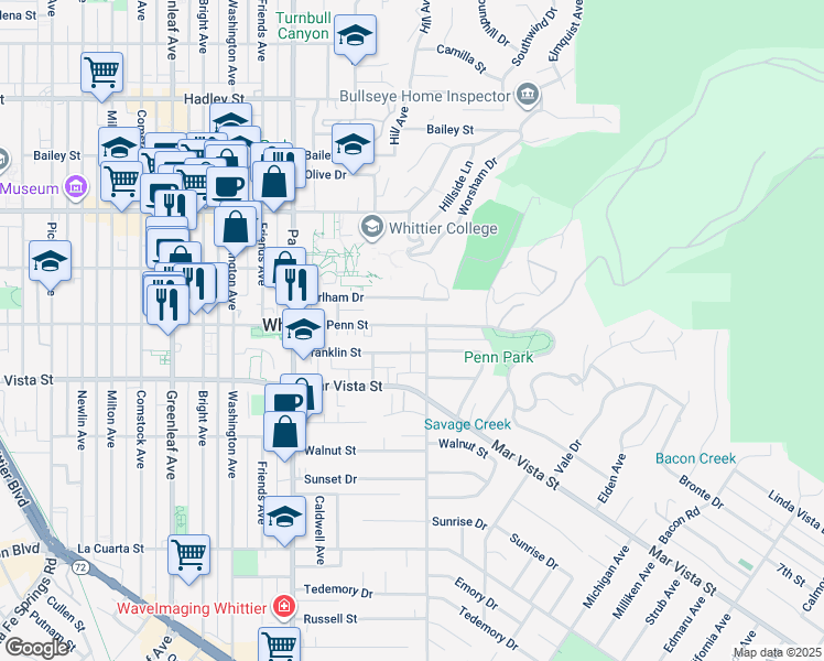 map of restaurants, bars, coffee shops, grocery stores, and more near 13756 Penn Street in Whittier