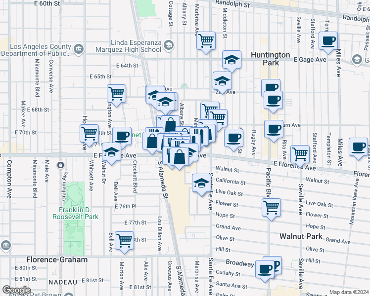 map of restaurants, bars, coffee shops, grocery stores, and more near 7108 Albany Street in Huntington Park