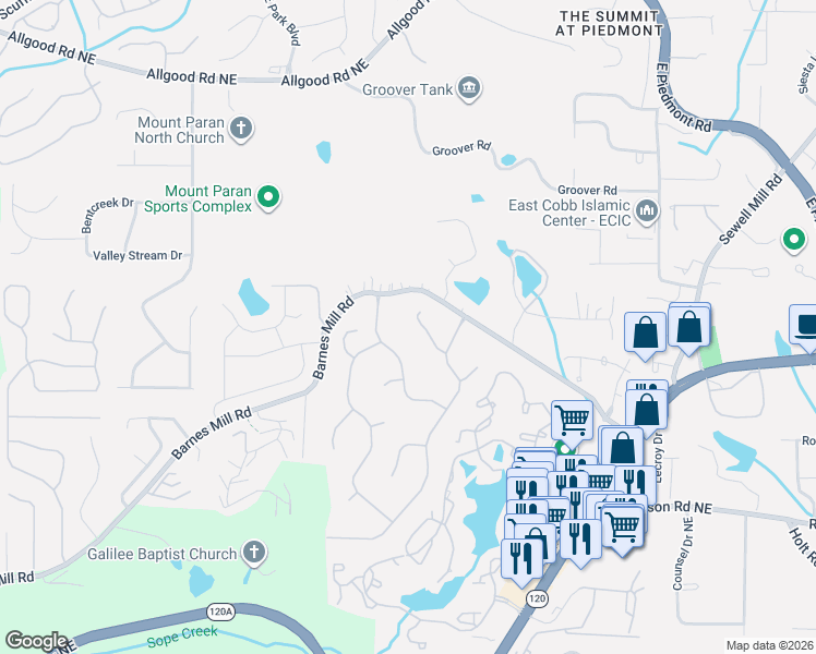 map of restaurants, bars, coffee shops, grocery stores, and more near 1932 Oak Ridge Court in Marietta