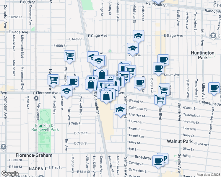 map of restaurants, bars, coffee shops, grocery stores, and more near 7108 Albany Street in Huntington Park