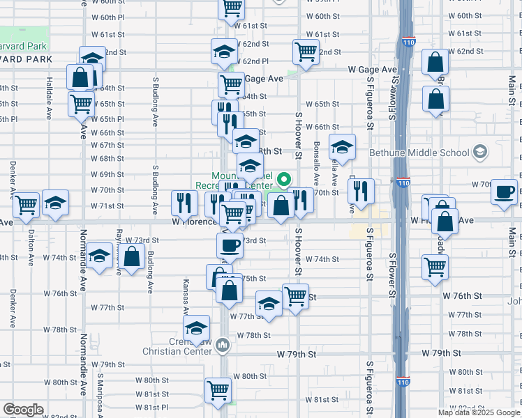 map of restaurants, bars, coffee shops, grocery stores, and more near 923 West Florence Avenue in Los Angeles