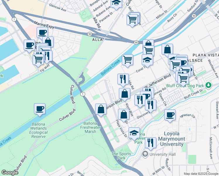 map of restaurants, bars, coffee shops, grocery stores, and more near 5350 Playa Vista Drive in Los Angeles