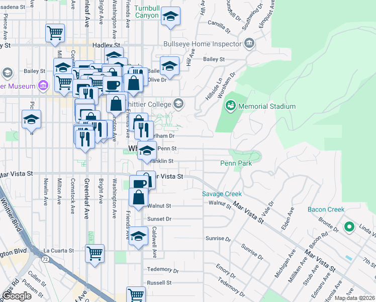 map of restaurants, bars, coffee shops, grocery stores, and more near 13726 Penn Street in Whittier