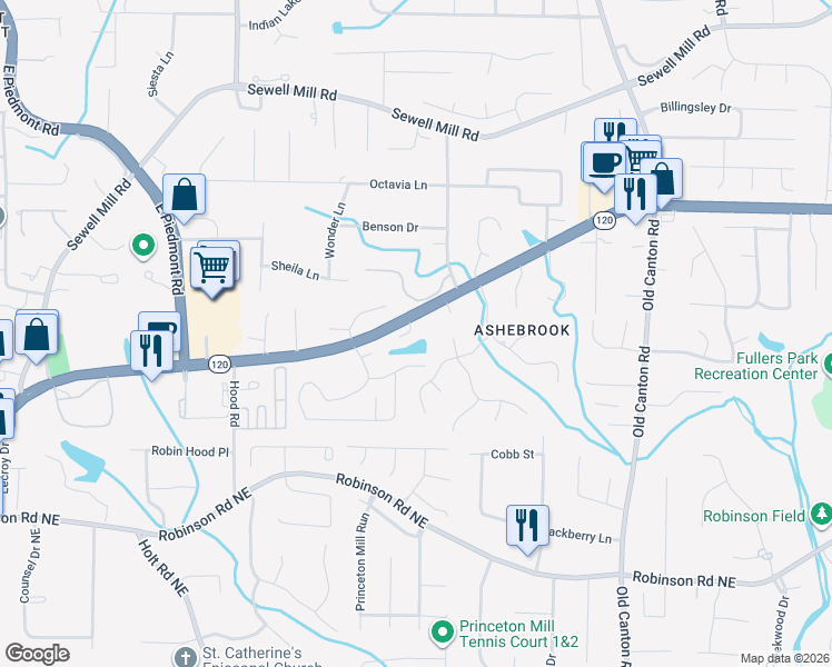 map of restaurants, bars, coffee shops, grocery stores, and more near 2812 Jamont Court in Marietta