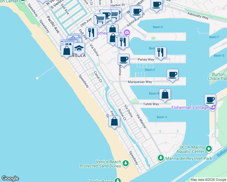 map of restaurants, bars, coffee shops, grocery stores, and more near 4051 Via Dolce in Marina del Rey