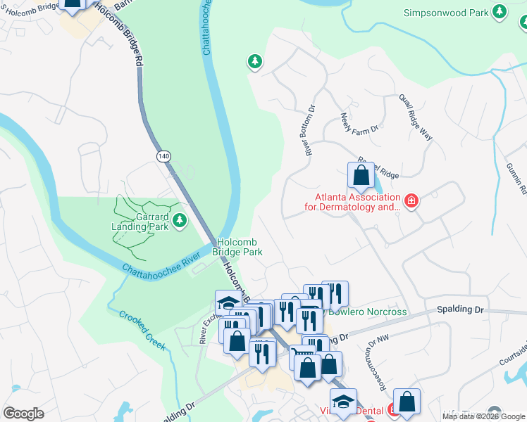 map of restaurants, bars, coffee shops, grocery stores, and more near 4329 Old Bridge Lane Northwest in Norcross