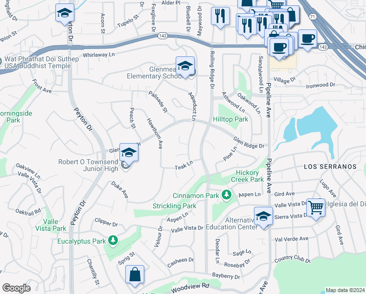 map of restaurants, bars, coffee shops, grocery stores, and more near 15296 Laguna Court in Chino Hills