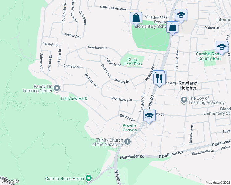 map of restaurants, bars, coffee shops, grocery stores, and more near 18070 Amargoso Drive in La Puente