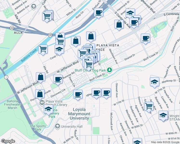 map of restaurants, bars, coffee shops, grocery stores, and more near 12760 Millennium Drive in Los Angeles