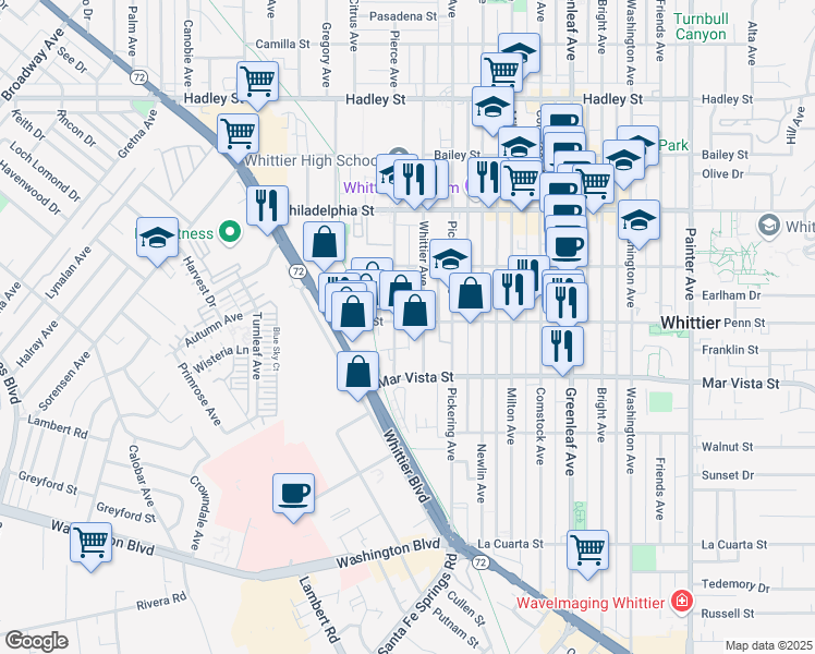 map of restaurants, bars, coffee shops, grocery stores, and more near 7314 Pierce Avenue in Whittier