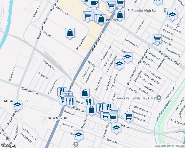 map of restaurants, bars, coffee shops, grocery stores, and more near 7442 Cravell Avenue in Pico Rivera