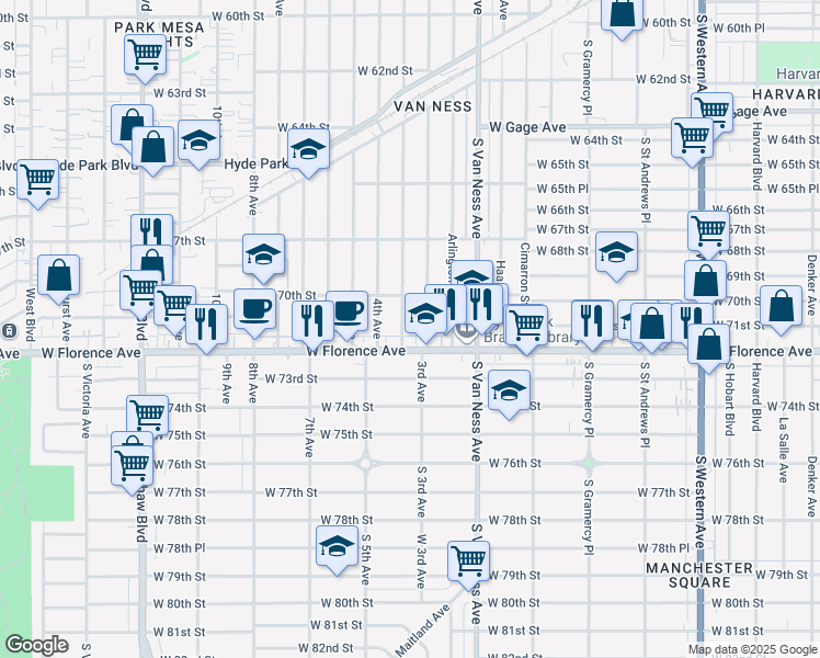 map of restaurants, bars, coffee shops, grocery stores, and more near 7040 3rd Avenue in Los Angeles