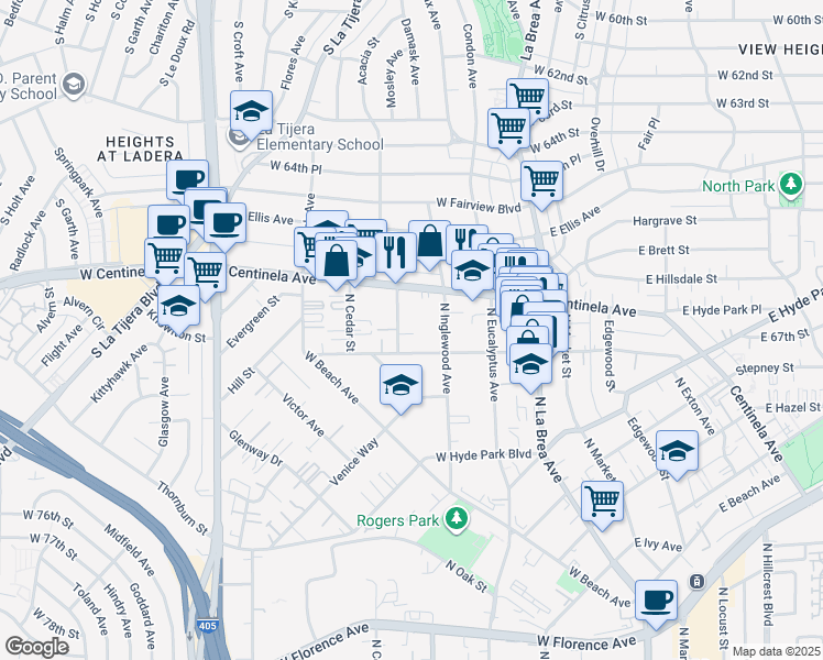 map of restaurants, bars, coffee shops, grocery stores, and more near 909 North Inglewood Avenue in Inglewood