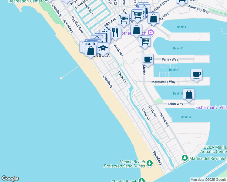 map of restaurants, bars, coffee shops, grocery stores, and more near 3806 Ocean Front Walk in Marina del Rey