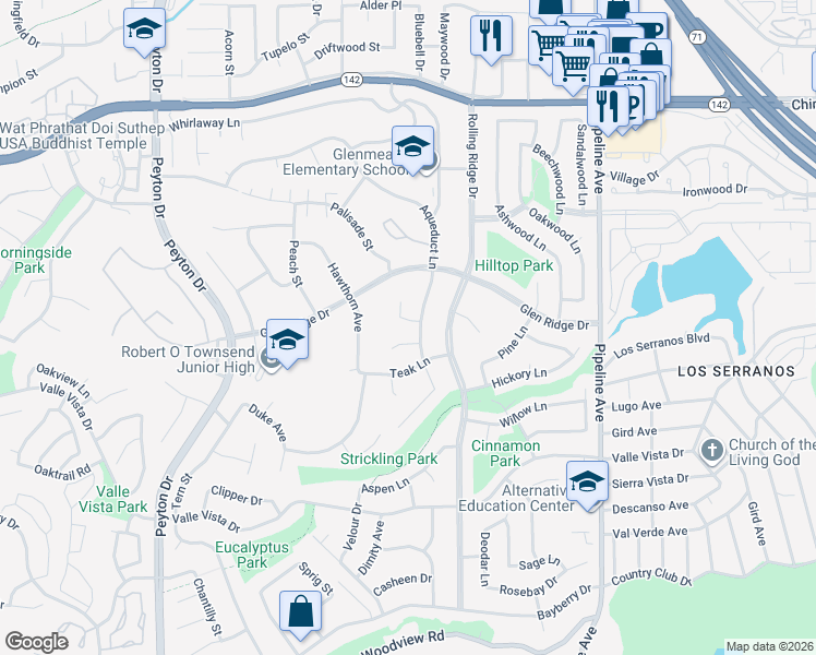 map of restaurants, bars, coffee shops, grocery stores, and more near 15296 Laguna Court in Chino Hills
